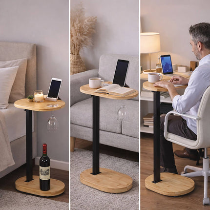 Height-Adjustable Bamboo C-Table with Metal Frame
