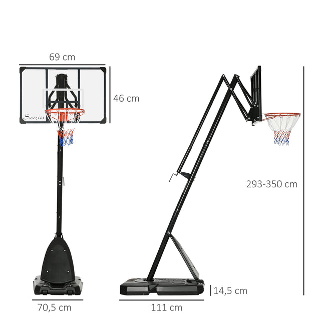 Adjustable steel basketball stand, 293-350 cm, with wheels