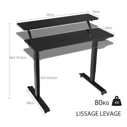 Height Adjustable Desk on Wheels, 120x68 cm, Black