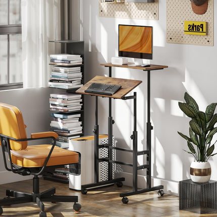 Height-Adjustable Desk with Shelf & Wheels, Rustic Brown