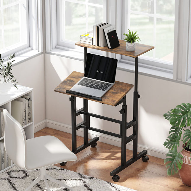 Height-Adjustable Desk with Shelf & Wheels, Rustic Brown