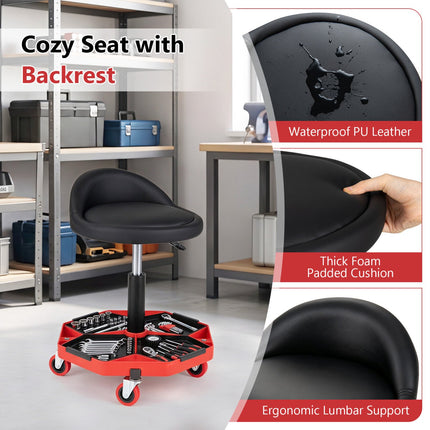 Height Adjustable Garage Stool with PU Leather Seat, Black/Red