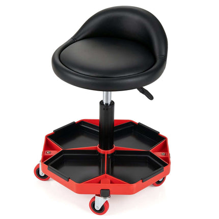 Height Adjustable Garage Stool with PU Leather Seat, Black/Red