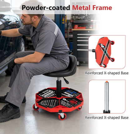 Height Adjustable Garage Stool with PU Leather Seat, Black/Red