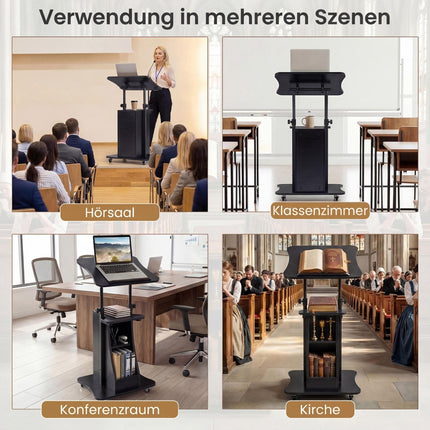 Height-Adjustable Mobile Lectern with Tilting Top, Black