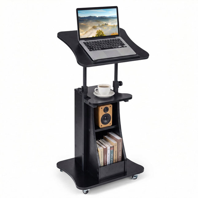 Height-Adjustable Mobile Lectern with Tilting Top, Black