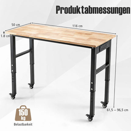 Height-Adjustable Mobile Workbench with Rubberwood Top