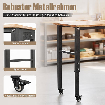 Height-Adjustable Mobile Workbench with Rubberwood Top