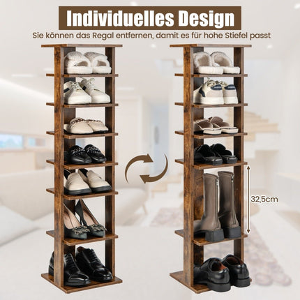 Height-adjustable 8-tier wooden shoe stand, space-saving shoe rack, brown
