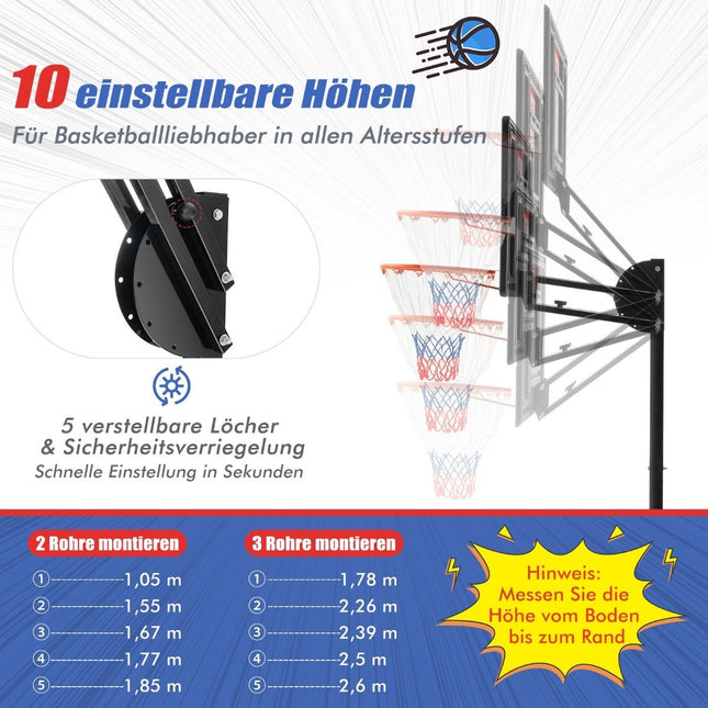 In hoogte verstelbare basketbalstandaard basketbalring met standaard & 2 wielen 105-260 cm zwart