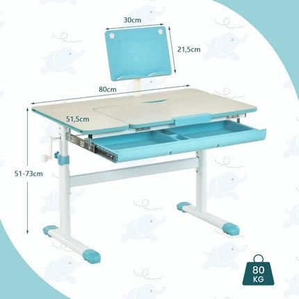 Height-adjustable children's desk set with tilting table top and book stand (blue table)