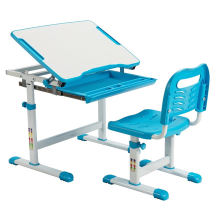 Height-adjustable children's desk set with tilting table top and drawer blue