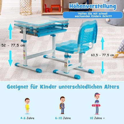 Height-adjustable children's desk set with tilting table top and drawer blue
