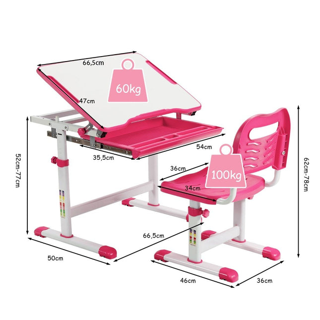 Height-adjustable children's desk set with tilting table top and drawer pink