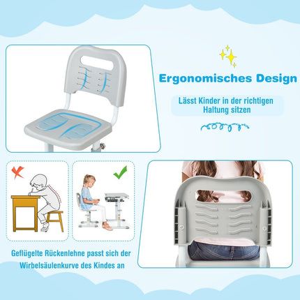 Height-adjustable children's desk set with tilting table top and drawer with gray chair