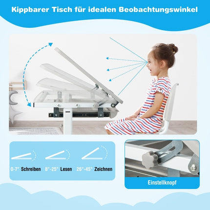 Height-adjustable children's desk set with tilting table top and drawer with gray chair