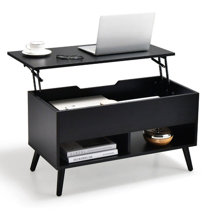 Height-adjustable coffee table with liftable table top & 2 open shelves, coffee table black