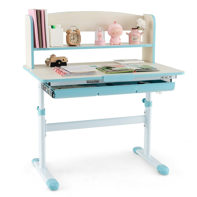 Height-adjustable desk with tilting table top &amp; Drawer &amp; Shelf Children's Study Table Blue