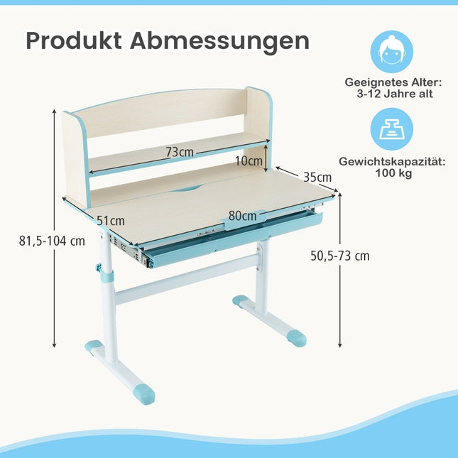 Height-adjustable desk with tilting table top &amp; Drawer &amp; Shelf Children's Study Table Blue