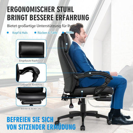 Height-adjustable executive chair swivel chair with headrest & retractable footrest black 360° rotatable 105-145° adjustable