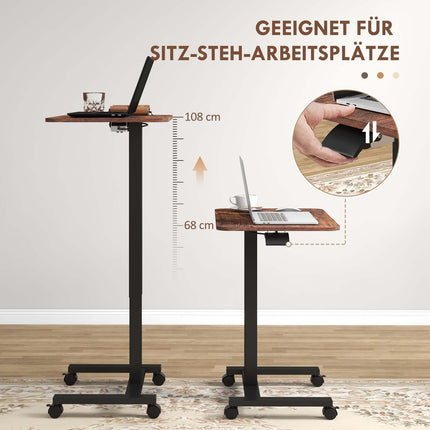 Height adjustable laptop, rustic brown, wheels and brake