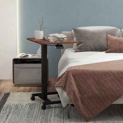 Height adjustable laptop, rustic brown, wheels and brake