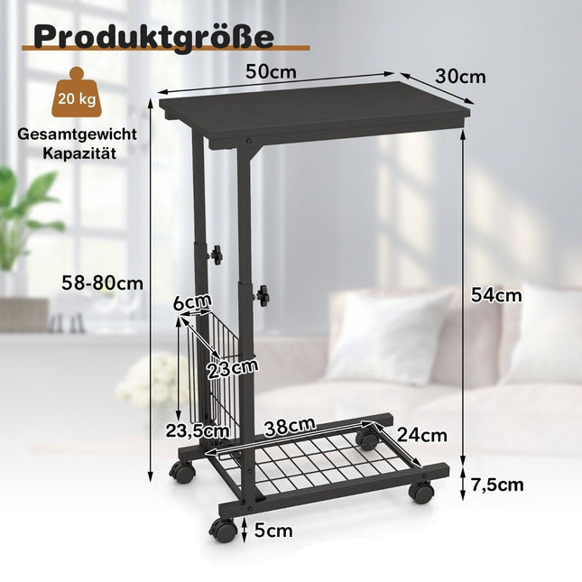 Height-adjustable laptop table with storage basket & wheels C-shape sofa table black