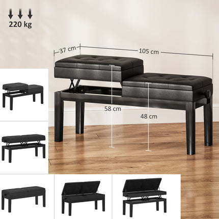Height-adjustable piano bench, storage, black artificial leather