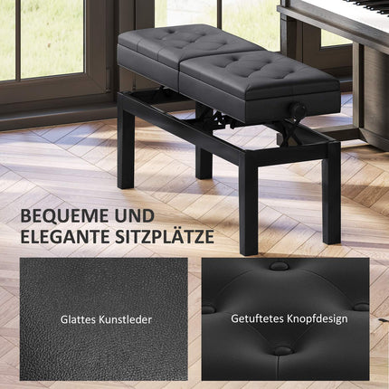 Height-adjustable piano bench, storage, black artificial leather