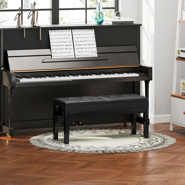 Height-adjustable piano bench, storage, black artificial leather