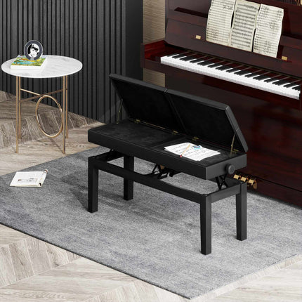 Height-adjustable piano bench, storage, black artificial leather