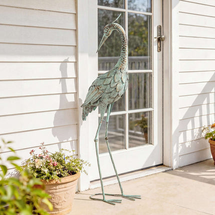Heron Garden Statue, Metal, 88 cm, Green/Bronze