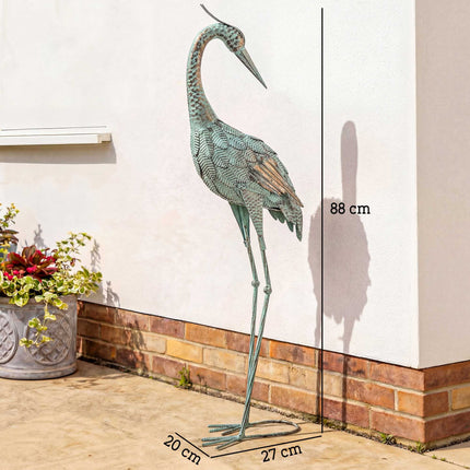 Heron Garden Statue, Metal, 88 cm, Green/Bronze