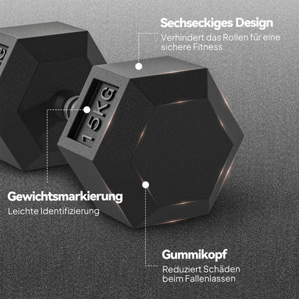 Hex Dumbbells, Knurled Grip, Cast Iron, 2 x 15kg