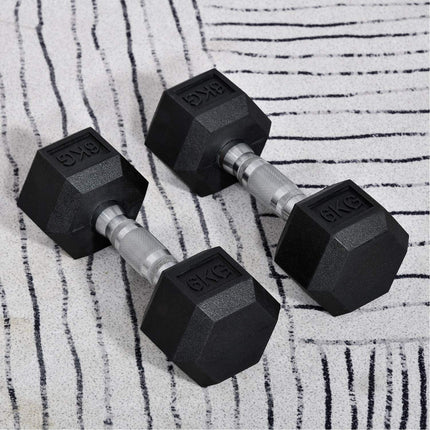 Hexagon Dumbbells Set, 2x6 Kg, rubber coated cast iron