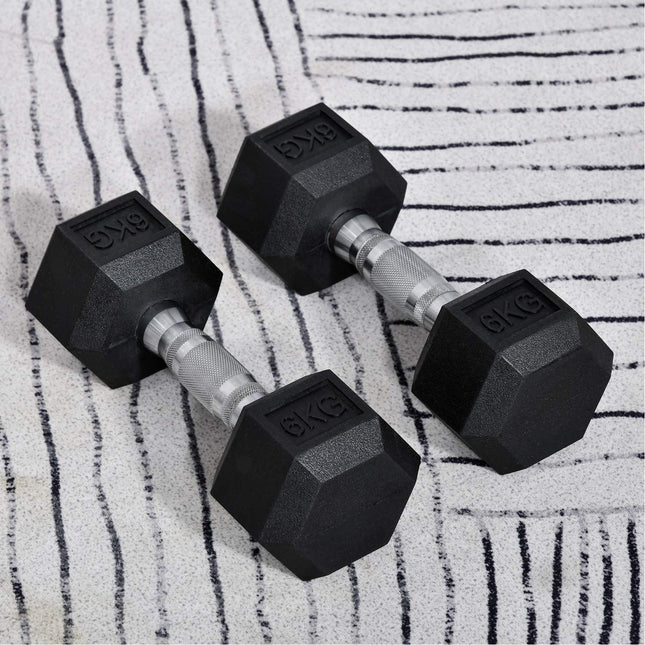 Hexagon Dumbbells Set, 2x6 Kg, rubber coated cast iron