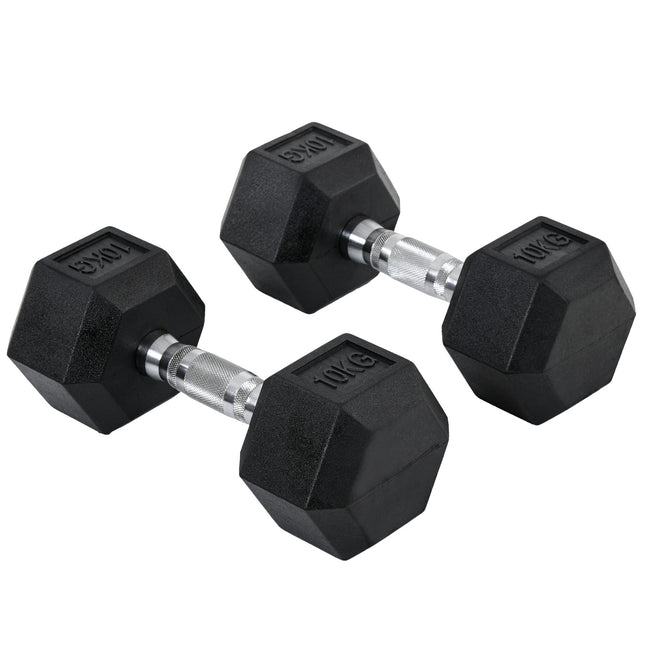 Hexagon Dumbbell set, 2x10kg black rubber coated iron