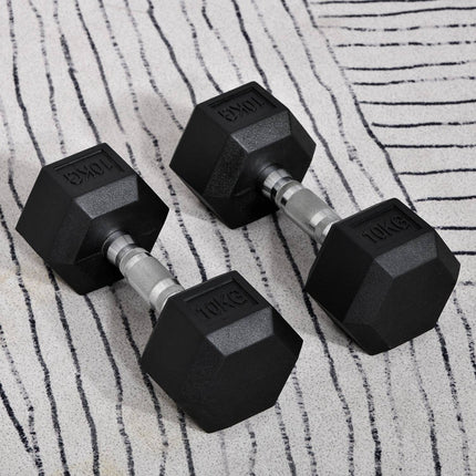 Hexagon Dumbbell set, 2x10kg black rubber coated iron