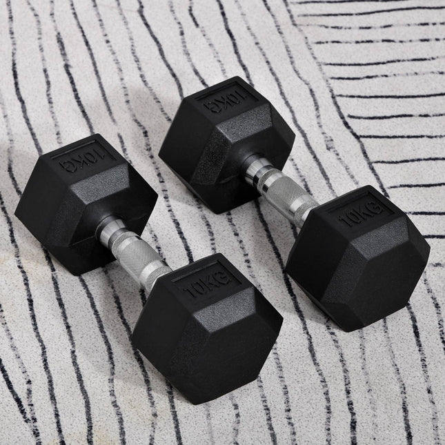 Hexagon Dumbbell set, 2x10kg black rubber coated iron