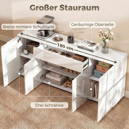 High-Gloss White Sideboard, 4 Doors, Adjustable Shelves