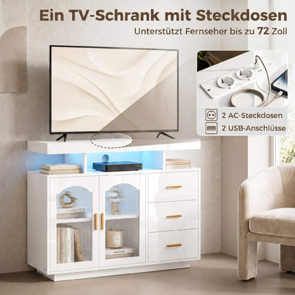 High Gloss White Sideboard With LED, Outlets, 3 Drawers