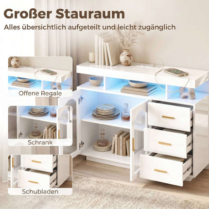 High Gloss White Sideboard With LED, Outlets, 3 Drawers