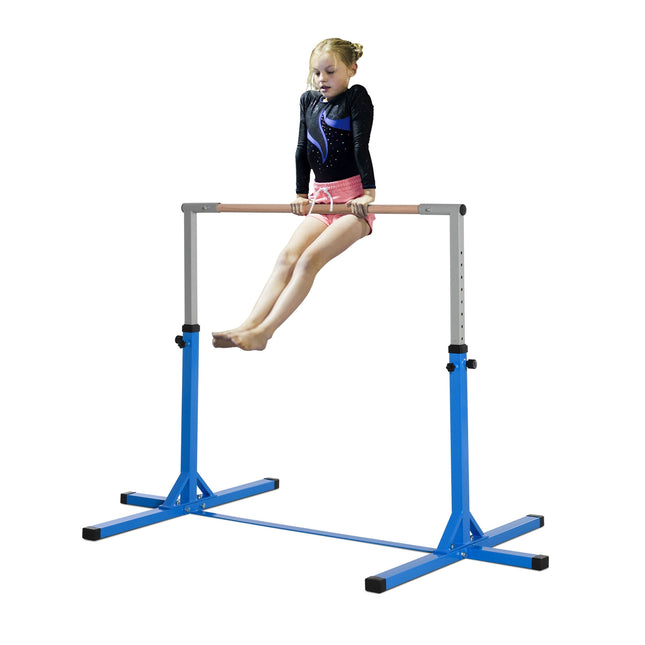 Hoge stang, in hoogte verstelbare turnstang, 13 niveaus, belastbaar tot 75 kg, gemaakt van staal en beukenhout in blauw voor gymnastiek en training