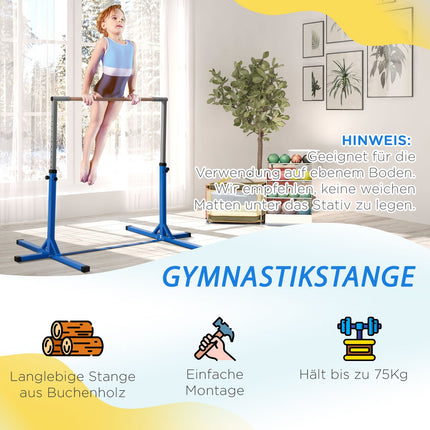 Adjustable gymnastic bar, 75 kg load, steel and wood