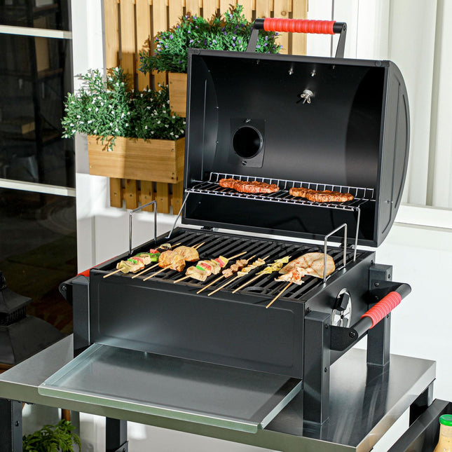 Wooden table grill with charcoal tray and thermometer