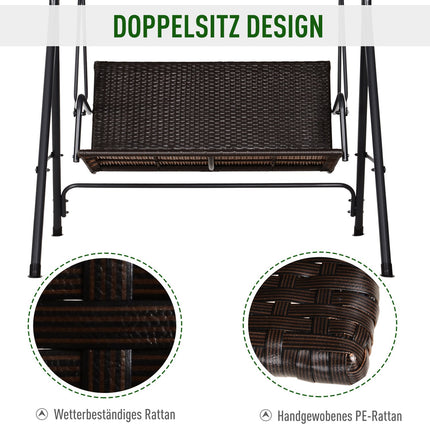 2-seater garden swing bench - adjustable canopy, rattan frame
