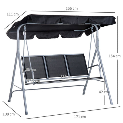 3-seat garden swing with roof - metal frame, black/silver