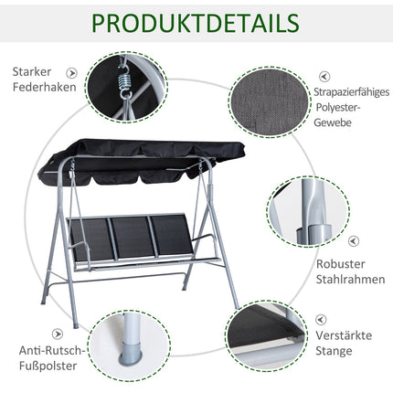 3-seat garden swing with roof - metal frame, black/silver