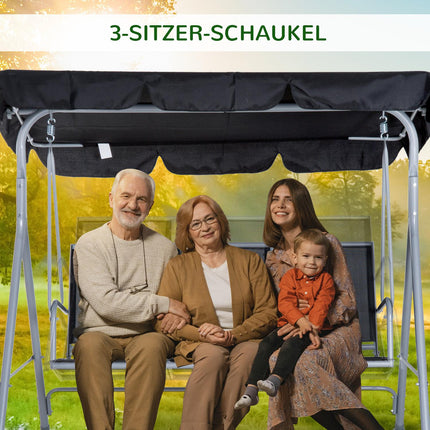 3-seat garden swing with roof - metal frame, black/silver