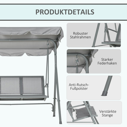 3-seater gray garden swing bench with roof - metal 170x110x153cm